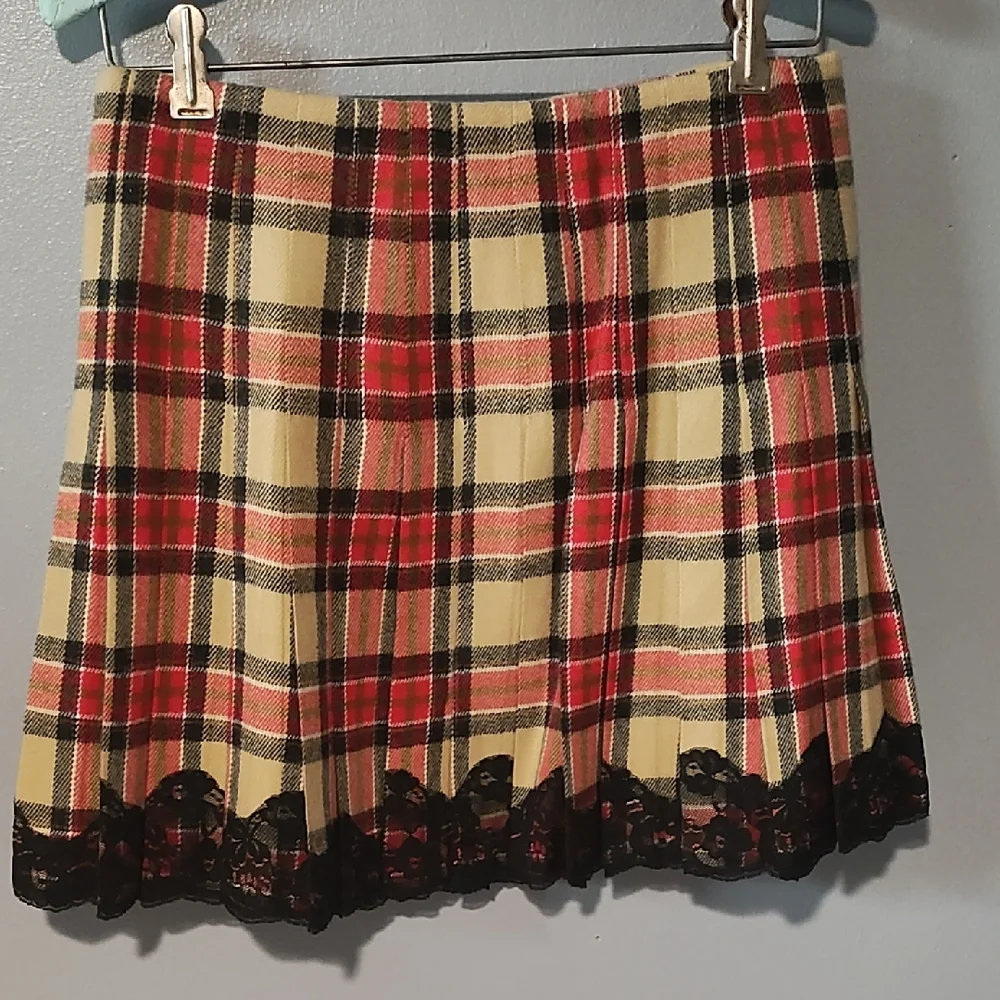 Moda International Red , Tan ,Black And White Pleated Plaid Mini Skirt